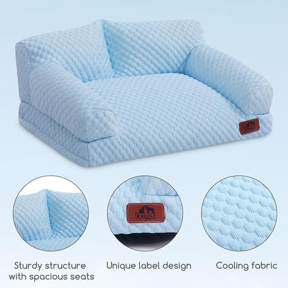 Hollypet Cooling Dog Couch Bed, Washable Pet Sofa, Blue, 24x18 | Cooling ice-silk pet bed with machine washable removable cover, non-slip bottom, for cats small dogs up to 25 lbs