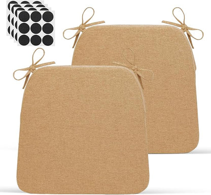 D-Shaped Indoor Chair Cushions 17" x 16" for Kitchen & Dining Chairs – 2'' Thick Seat Pads with Ties & Non-Slip Backing, High-Density Foam, Machine-Washable Covers, Set of 2 with Chair Leg Pads, Khaki