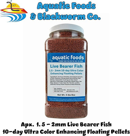 Aquatic Foods Inc. Live Bearer Ultra Red Color Enhancing 1.5mm-2mm Floating Pellets. Color Enhancing in 10-Days for Swordtails, Platies, All Live Bearers…3-lbs 8oz Large Jar