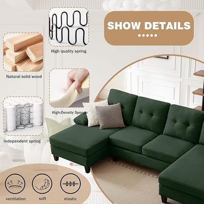 Chireca 111" Sectional Couch for Living Room, Modern Polyester Fibre U Shaped Sofa Couches with Double Chaise, Upholstered 4 Seater Sofa for Living Room, Apartment, Office, Dark Green
