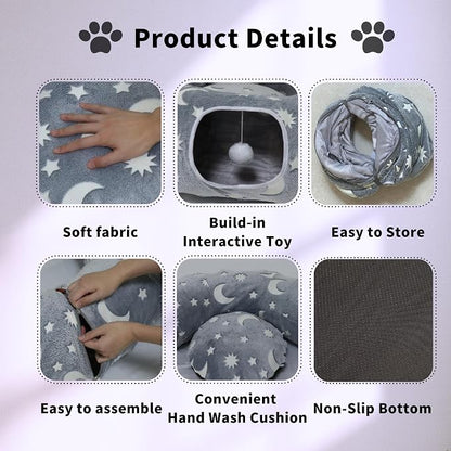 Cat Tunnel Bed for Indoor Cats with Washable Cushion Cat Cave Donut Tunnel with Fluffy Ball Big Round Tube Pet Playground Toys Soft Plush Peekaboo for Kitten, Cat, Puppy, Rabbit, Ferret（Moon Star）