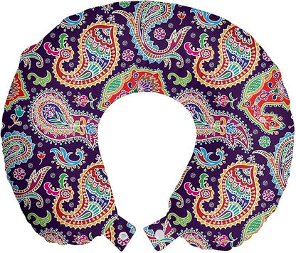 Ambesonne Paisley Travel Pillow Neck Rest, Sixties and Seventies Hippie Themed Motives Geometrical and Floral Design Image Print, Memory Foam Traveling Accessory for Airplane and Car, 12", Purple