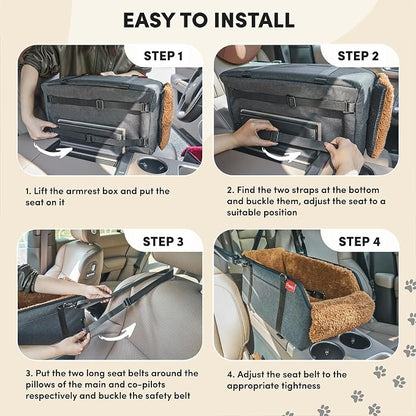 Center Console Dog Car Seat for Small Pets to 11lbs, Brown | Anti-collapse armrest Console seat with washable fluffy cushion, pillow & tether for stable, cozy pet travel trips.