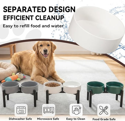 Raised Ceramic Dog Bowl Set with Stand, 7.5 Cups Elevated Dog Food Stand | 8.4'' Double Dog Food and Water Bowl Set, Non-Slip Dog Feeding Dishes for Small Breeds and Cats, 59.2 OZ, Green