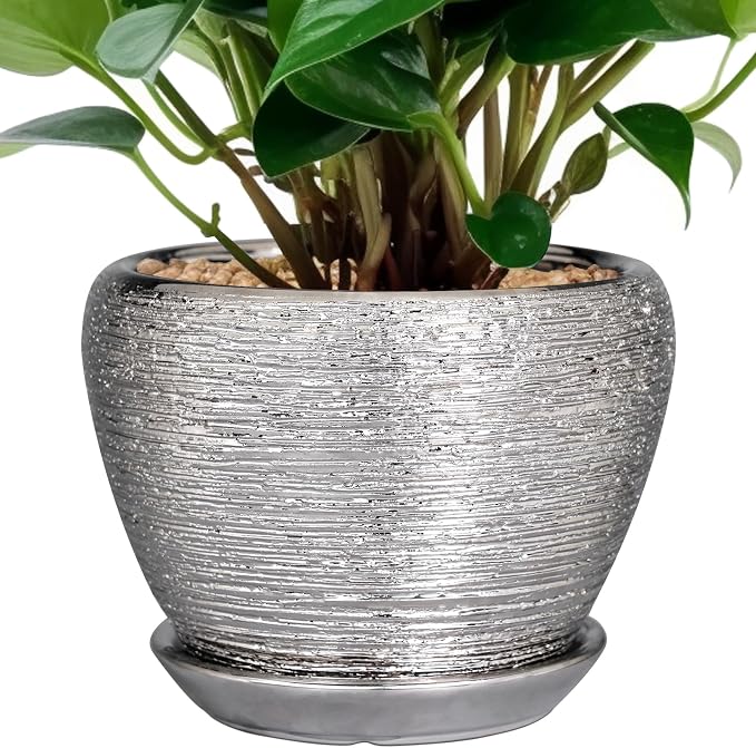 Ceramicfor Ceramic Planter - 6 Inch Plant Pot Indoor with Drainage Hole and Saucer Outdoor Pot for Plants Round Decorative Planter Modern Mid-Century Flower Pot for Office Decor Silver