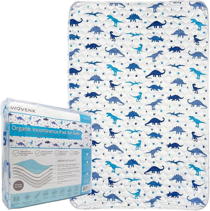 Organic Incontinence Pads for Kids & Toddlers - 5 Layer Waterproof Protectors for Overnight Bed Wetting - Reusable & Washable Pee Pads - Fits Twin to Full Size Beds - 34" x 52" Dinosaur
