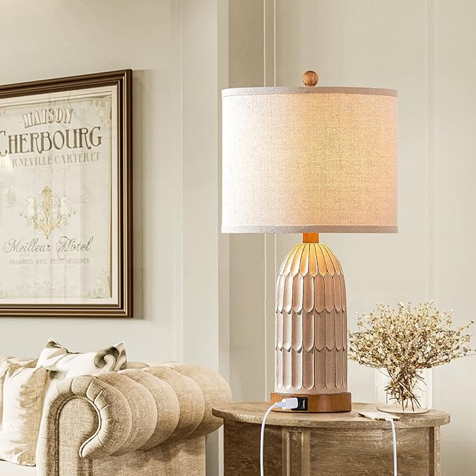 Boho Table Lamps Set of 2, Farmhouse 3-Way Dimmable Touch Nightstand Lamp with 2 USB Charging Ports, White Vintage Bedside Lamp for Bedroom Living Room End Table (Bulbs Included)