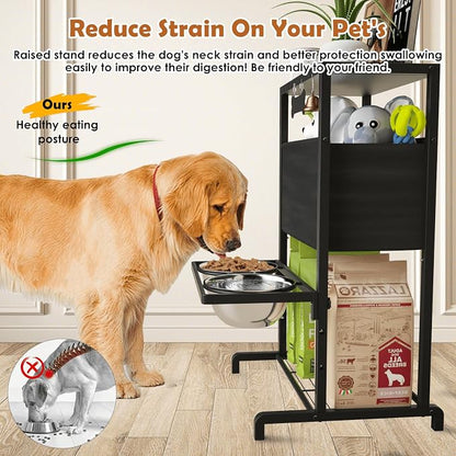 Elevated Dog Bowls: Height Adjustable Raised Dog Stand (4.5'' to 12'') 2 * 1700ml Stainless Steel Bowls + Slow Feeder, Feeding Station w/Storage Organizer & Toy Basket for Medium/Large Breeds