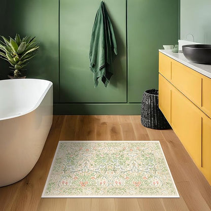 Washable Entry Rug - Front Door Rugs Indoor, Non-Slip Bathroom Small Rugs, Vintage Floral Style Rug for Kitchen, Perfect for Entryway Décor (2x3 Beige Green)