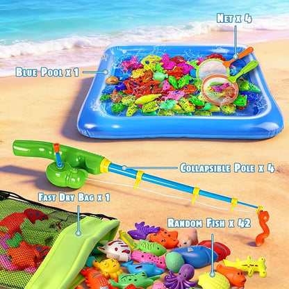 CozyBomB™ Magnetic Fishing Toys Game Set for Kids | Water Table Bathtub Kiddie Pool Party Pole Rod Net, Outdoor Plastic Floating Fish, Toddler Bath Color Ocean Sea Animals Birthday Gift Age 3-5 6 4-8
