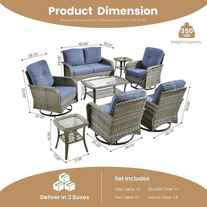 8-Piece Wicker Patio Furniture Set, All-Weather Rattan Conversation Bistro Loveseat Chair and Patio Rockers Set for Backyard, Balcony and Deck with Soft Cushions and Metal Table(Blue)