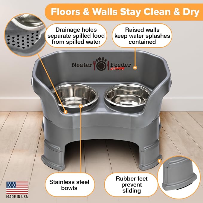 Neater Feeder Deluxe Mess Proof Dog Bowls Elevated for Medium Sized Breeds – Made in USA – No Spill Raised Slow Feeder Elevated Dog Bowl Stand, Stainless Steel Food and Water Bowl Set, Grey