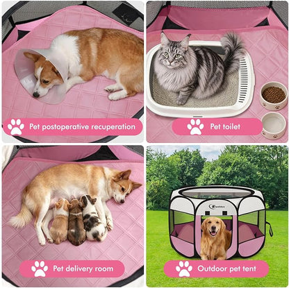 Siedihit Dog Pet Playpen Tent Crate Cage with Washable Pee Pad, Large Pink | Travel Camping Portable Pop Up Easy to Set up lightweight dog Kennel with Carrying Bag for Indoor/Outdoor Wide applicability