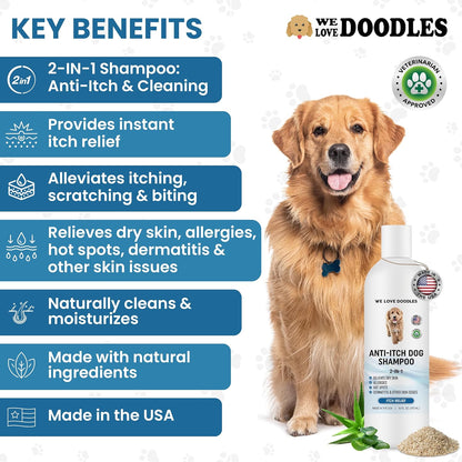 Premium Anti Itch Dog Shampoo for Sensitive Skin, Made in USA, Dry Skin Treatment for Dogs, Great for Allergies, Itching, Hot Spots, Natural Ingredients & Allergy Relief, 16 OZ [We Love Doodles]