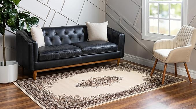 Unique Loom Reza Collection Traditional Persian Style Area Rug, Rectangular 7' 1" x 10' 0", Ivory/Brown
