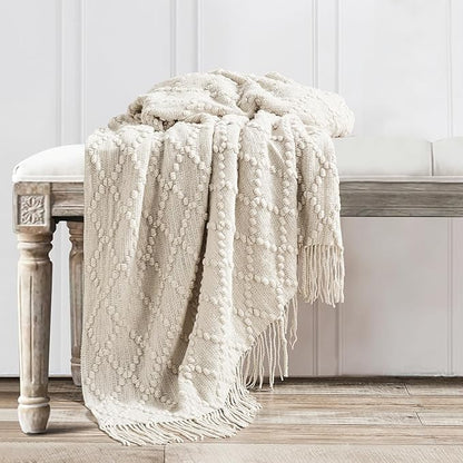 BOURINA Beige Throw Blanket 50 x70 Inches Jacquard Argyle Throw Textured Solid Soft Throws and Blankets for Sofa or Bed Knitted Decorative Blanket