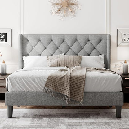 Feonase Full Size Bed Frame with Upholstered Wingback Headboard, Platform Bed and Heavy Duty Wooden Slats Support, Easy Assembly, Noise-Free, No Box Spring Needed, Light Gray