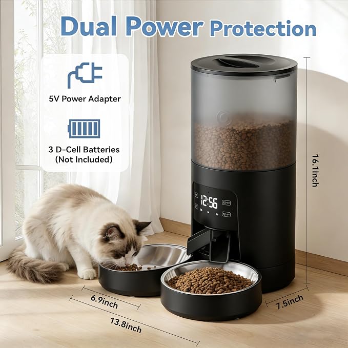 DUMOS 6L Automatic Cat Feeder for 2 Cats, Timed Pet Food Dispenser - Black | 2 Stainless Bowls, 10s Voice Call, Dual Power Supply, 6 Meals Per Day, 50 Portions Per Meal, Dual Pet Feeder for Cat and Dog