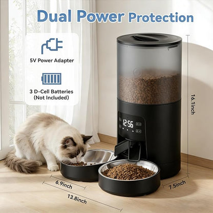 DUMOS 6L Automatic Cat Feeder for 2 Cats, Timed Pet Food Dispenser - Black | 2 Stainless Bowls, 10s Voice Call, Dual Power Supply, 6 Meals Per Day, 50 Portions Per Meal, Dual Pet Feeder for Cat and Dog