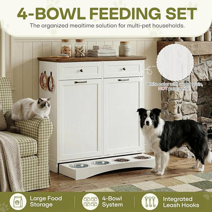 Furnaza Pet Feeding Station with 4 Bowls, Dual Doors Dog Cabinet Storage | White 39.7"W Dual Doors Pet feeding station with storage for dogs and cats, Pet Food Storage for Kitchen, Living Room