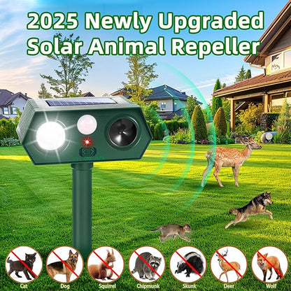 2026 Upgraded Solar Ultrasonic Animal Repellent Deer Repellent Devices with Motion Sensor & Flashing Light Cat Repellent Outdoor to Keep Squirrel Raccoon Rabbit Away from Yard Garden 2 Pack