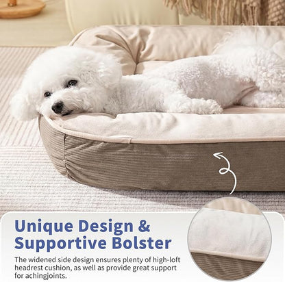 FAIRYPET Deluxe Plush Dog Beds for Medium to Large Dogs, 3D Crimped Siliconized Hollow Fiber Fill，Soft Breathable，Washable Dog Bed, Plush Faux Fur & Corduroy,Durable Pet Bed with Anti-Slip Bottom