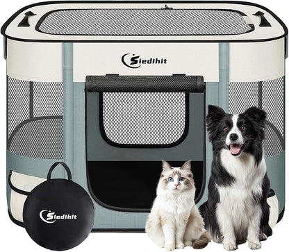 Siedihit Dog Playpen, Cat Pet Puppy Crate, Portable Playpens Indoor Outdoor (Grey, Medium)