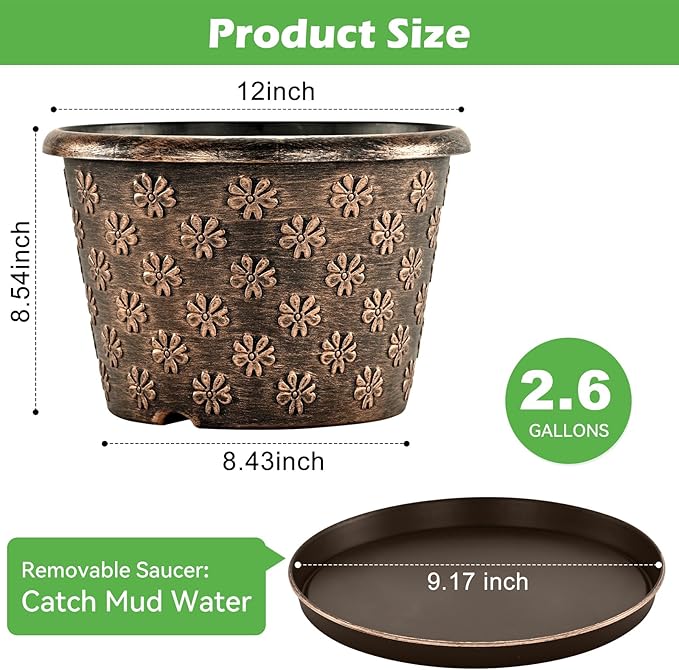12 Inch Planter Pots for Plants, Plastic Large Flower Pots Indoor Outdoor, 4 Pack Resin Plant Pot with Drainage & Saucer, Retro Decorative Garden Pot with Removable Trays for House