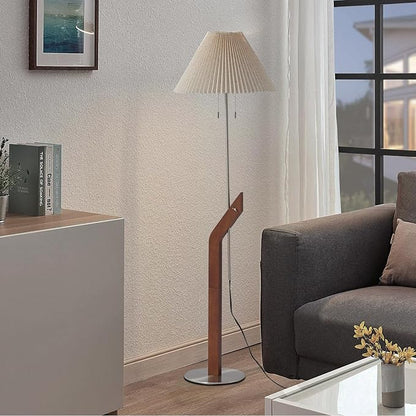 Wood Floor Lamp,2-Light Modern Mid Century Vintage Floor Lamp, Height Adjustable Living Room, Study Room,Bedroom,Office Tall Standing Lamp,Linen Lampshade