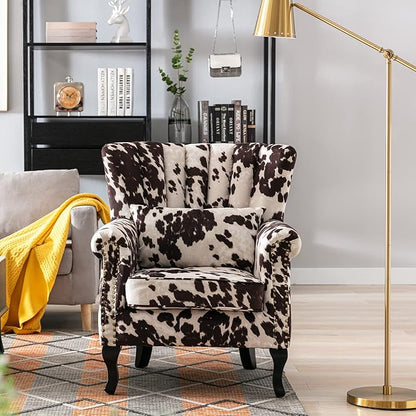 DM Furniture Cow Print Accent Chairs Set of 2 with Arm Comfy Velvet Living Room Chair Mid-Century Modern Wingback Side Chair Single Sofa Couch for Bedroom Guest Room