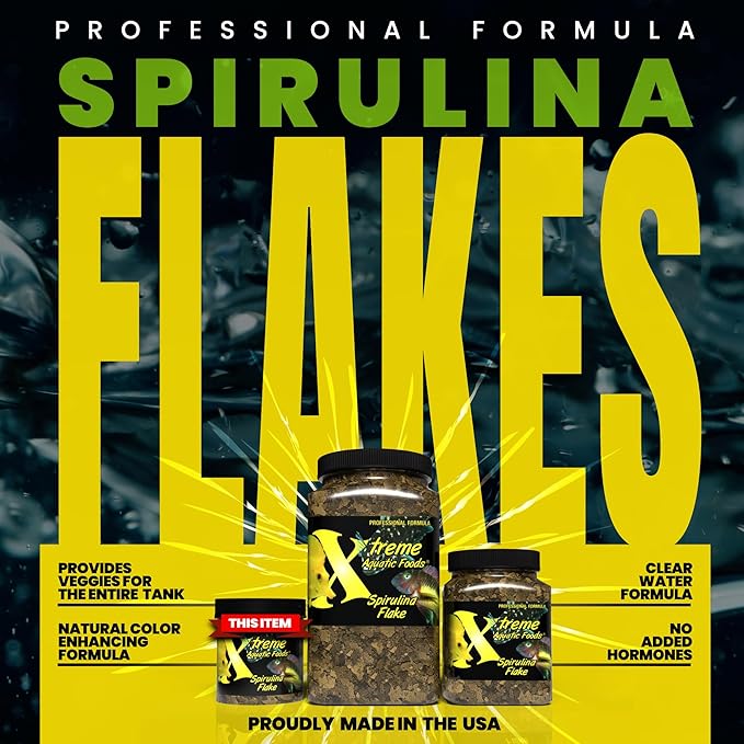 Xtreme Spirulina Flakes - Balanced Herbivorous Diet for Tropical and Marine Fish, Enhanced Health, Vibrant Colors - USA Farm Grown - Ideal for Cichlids, Barbs, Tetras and Guppies (2oz)