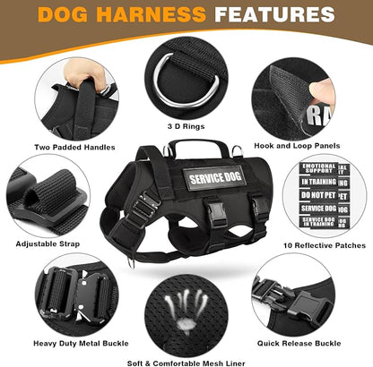 Tactical Dog Harness with Dog Leash, Service Working MOLLE Vest with 10 Pet Patches for Medium Dog, No Pull Military Harness and Backpack for Training Hunting Walking