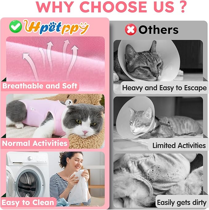 Cat Recovery Suit for Spay Abdominal Wounds, Kitten Onesie Bodysuit for Cats After Surgery, Cat Surgery Recovery Suit Female Cone of Shame Alternative for Cats Anti Licking (Pink,M)