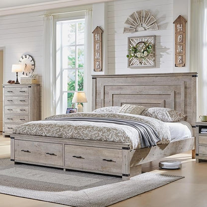 RedLemon Farmhouse Queen Size Bed Frame w/ 54" Tall Geometric Headboard, Rustic Wood Platform Bed w/ 2 Large Storage Drawers, Wood Slats Support, Noise Free, No Box Spring Needed, Light Rustic Oak