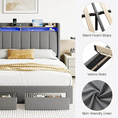 SHA CERLIN Queen Platform Bed Frame with Vertical Channel Tufted Wingback Headboard & 2 Storage Drawers/2-Tier Shelves with LED Lights & Charging Station/Noise-Free/No Box Spring Needed/Dark Grey