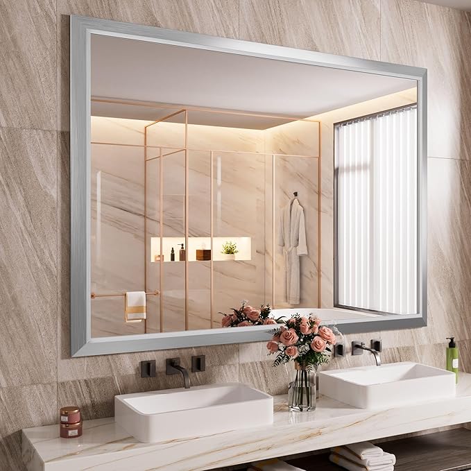 Amorho Bathroom Mirror, 55x40 Inch Silver Thick Metal Framed Wall Mirrors