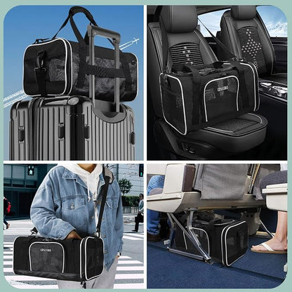 Small Pet Carrier 17" L x 12" W x 8.5" H Airline Approved, Black | for JetBlue/Frontier/Spirit Airlines, Lockable Safety Zippers and Anti-Scratch Mesh, Pets Under 8 lbs