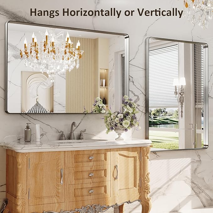 LOAAO 48X30 Inch Brushed Nickel Bathroom Mirror, Rounded Rectangle Silver Metal