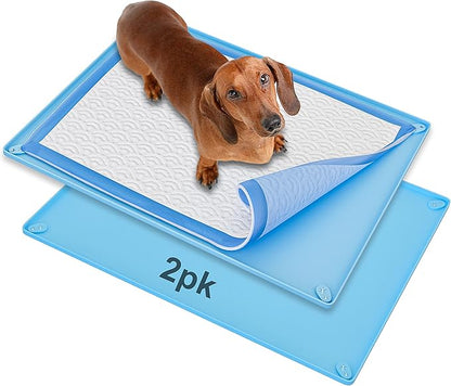 Skywin Dog Pee Pad Holder Tray Fits for 30” x 23” Pee Pads - 2 Pack - Blue | Corner Lock Holes, Raised Edges, Non-Spill, Easy to Clean Silicone Dog Potty Tray Holder, For Indoor Floor Protection