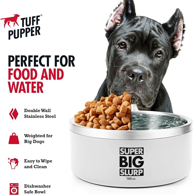 Tuff Pupper Heavy Duty Insulated Dog Bowl | Double Wall Stainless Steel Dog Food Dish | Non-Slip Spill Proof Dishwasher Safe Cat Bowl | Water Dish for Feeding Large Medium Small Pets (188oz, White)