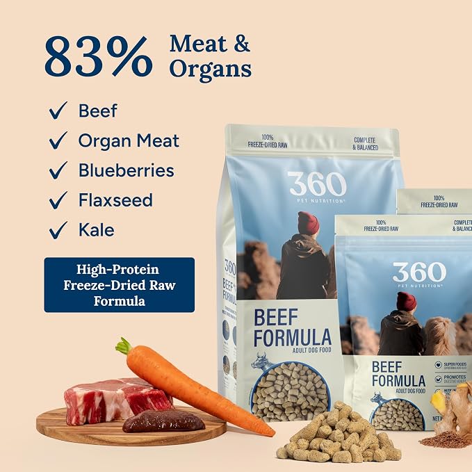 360 Pet Nutrition Freeze-Dried Raw Dog Food – Beef Recipe with Liver & Organs, High Protein with Omega-3s, Fruits, Veggies & Superfoods, Grain-Free, No Fillers 4 x 16 oz Made in USA