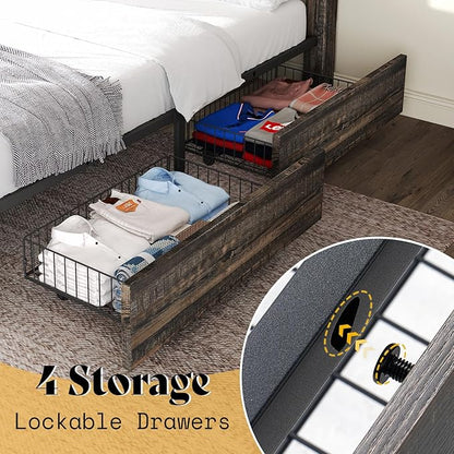 AMERLIFE King Size Farmhouse Bed Frame with 4 Drawers, Wooden Storage Bed Frame with Headboard and Heavy Duty Metal Slats, Noisy Free, Easy Assemble, Rustic Black