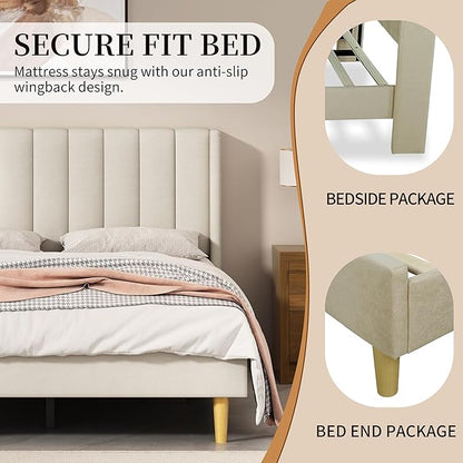 King Size Upholstered Platform Bed Frame with Modern Wingback & Vertical Panel Headboard, Linen Fabric, Wooden Legs & Slats Support, No Box Spring Needed, Noise-Free & Easy Assembly, Beige