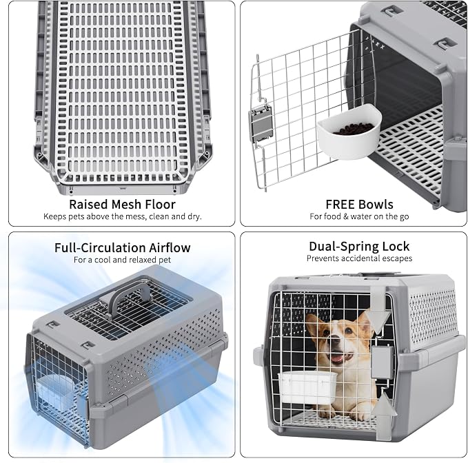RIZZARI Gray Pet Carrier for Medium Dogs & Cats, Hard-Sided Travel Kennel | Spacious Interior,Reinforced Side Latches,Stable Carrying Handle,Wide Front Entry,Supports Daily Travel,Light weight to Carry