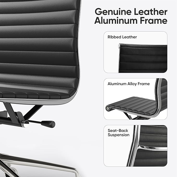 OTDMEL Armless Ribbed Office Desk Chair with Top Grain Leather, Mid Back Ergonomic Swivel Room Chair, Adjustable Height 5-Star Base, Black