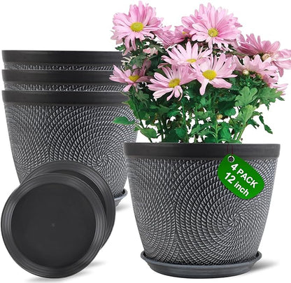 Quarut Large 12 Inch Plant Pot for Plants Outdoor Indoor, 4 Pack Plastic Flower Pots with Drainage Hole & Saucer, Modern Decorative Garden Pot with Saucer, Plant Container for House（Gray）