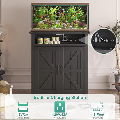 20 Gallon Aquarium Stand With Charging Station, Farmhouse Fish Tank Stand, Reptile Tank Stand Terrarium Stand with Drawer and Cabinet Storage, Sturdy Heavy Duty 27.6"×15.7" Tabletop - Black