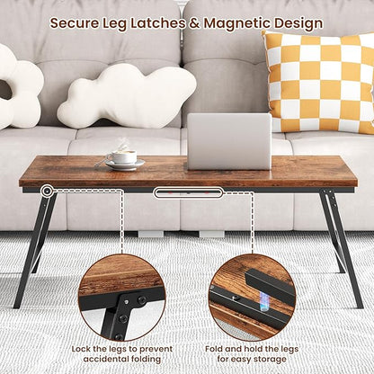 ALLSTAND Folding Coffee Table, Leg Latches Portable Sturdy Floor Table Desk for Sitting on The Floor, No Assembly Low Coffee Table for Living Room, Home, Office, Rustic Brown, 41.34L×21.65W×15.75H