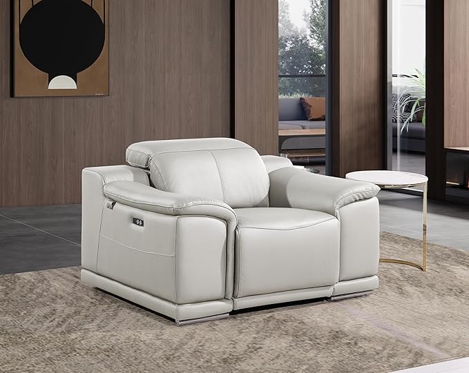 Blackjack Furniture Venice Top Grain Italian Leather Power Recliner Chair with Adjustable Headrest Modern Luxury Seating for Living Room Lounge, Light Grey