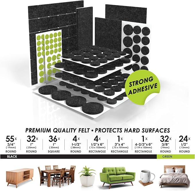 Slipstick Gorilla Felt Furniture Pads (189 Piece Variety Pack) Premium Furniture Pads & Chair Leg Floor Protectors for Hardwood Floors & Hard Surfaces
